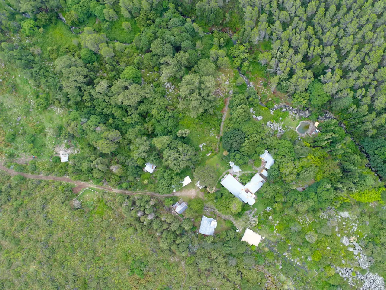 Vista aérea cenital del casco de la estancia entre el bosque.