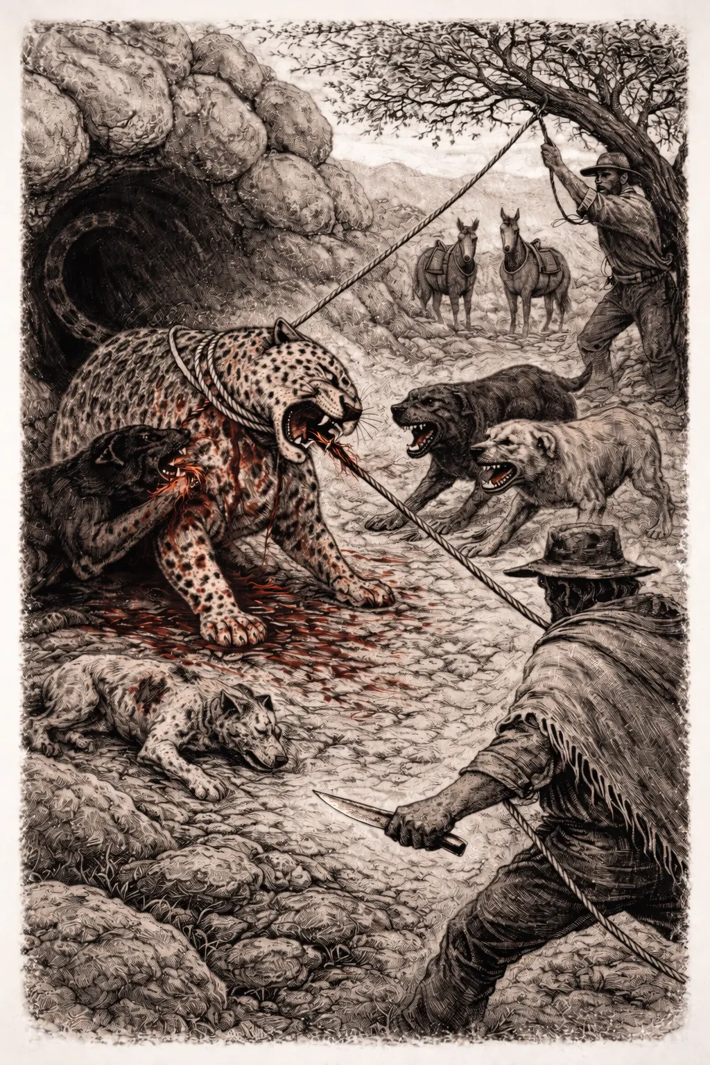 Ilustración a tinta de la cacería de un yaguareté acorralado por los perros, con dos paisanos tirando del lazo: la escena que le da nombre a la Quebrada del Tigre.