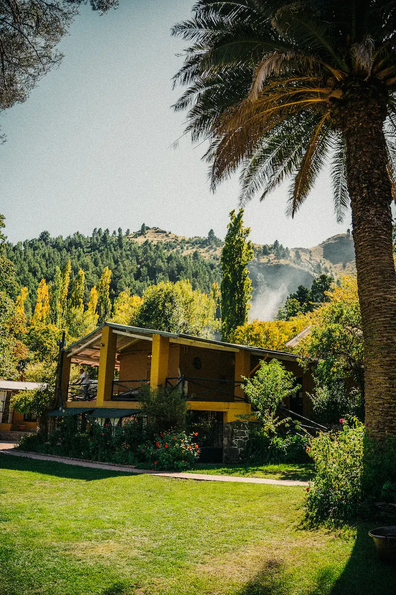 La galería alta de la casa vista desde el jardín, con la palmera adelante y la sierra al fondo.