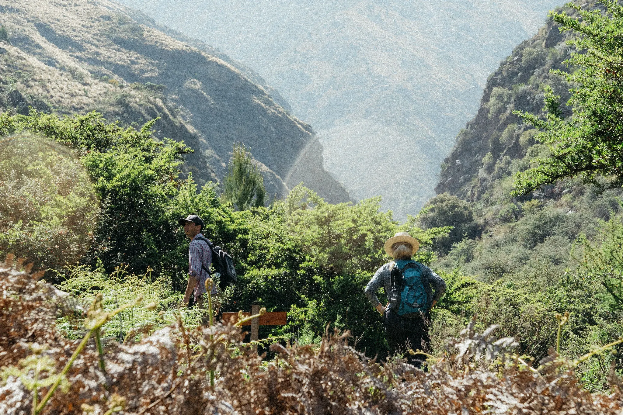 Dos caminantes en el fondo de la quebrada, entre los helechos.