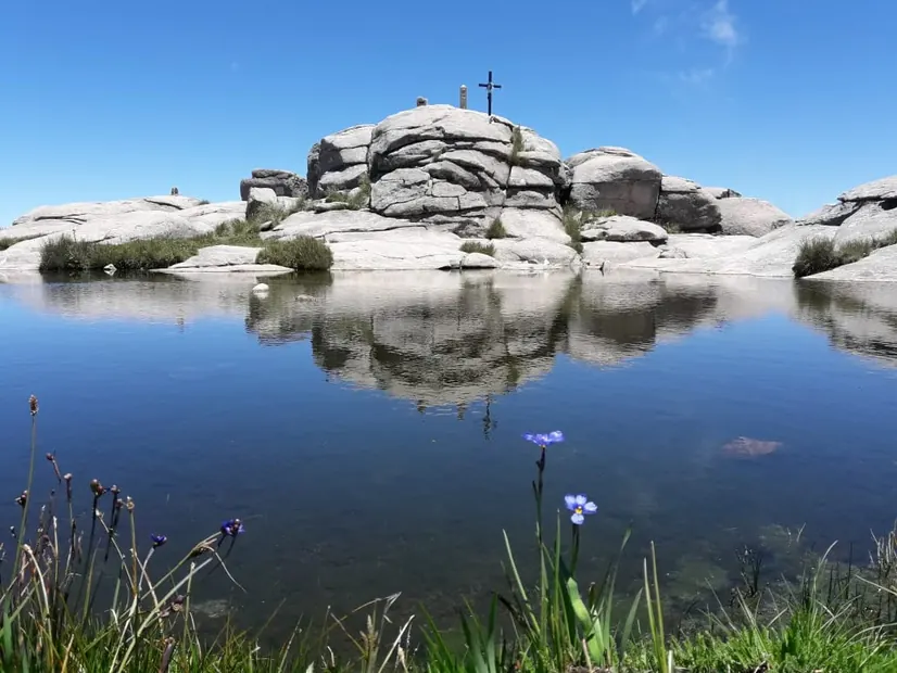 La cruz de la cumbre del Champaquí sobre las rocas, reflejada en la laguna de altura, con flores de iris en primer plano.