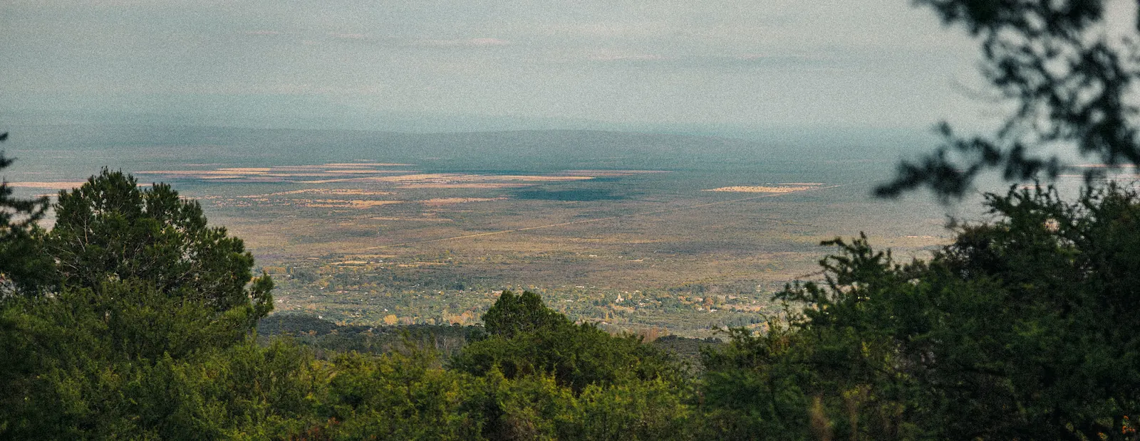 Panorámica del llano de Traslasierra desde la altura, con vegetación en primer plano.