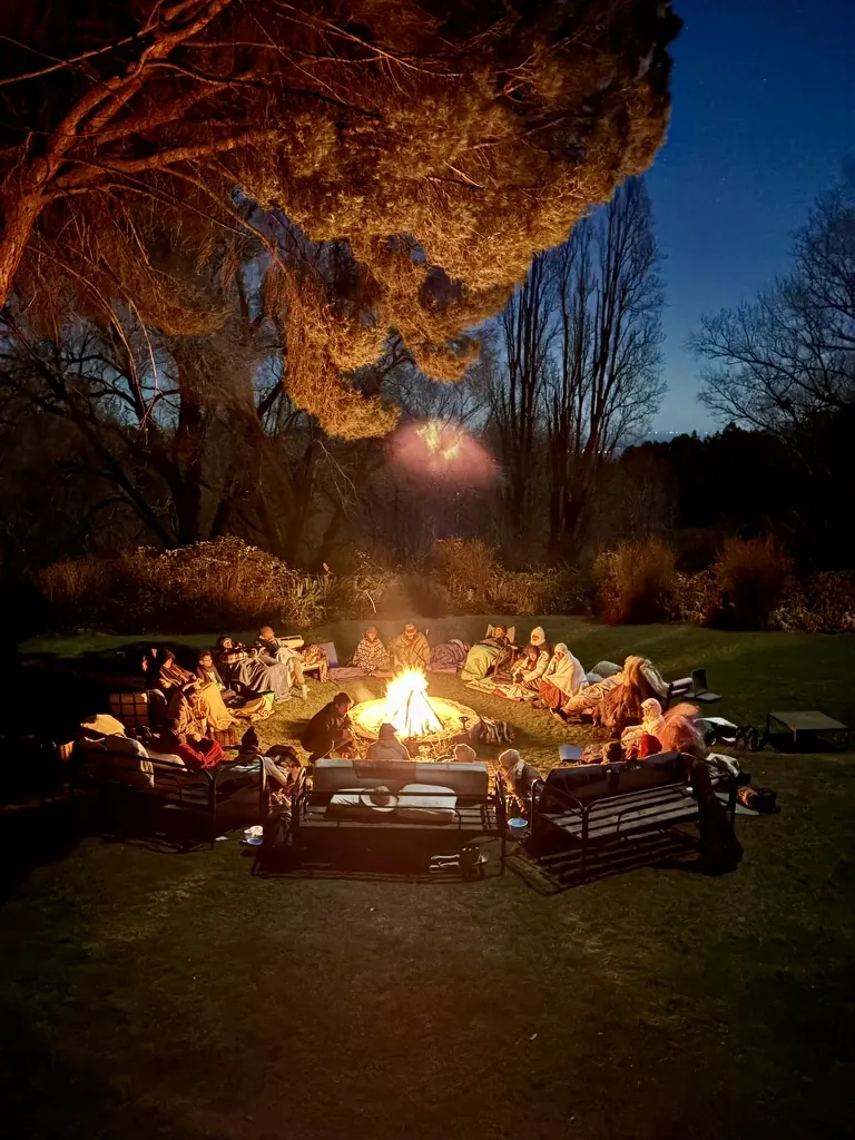 Un grupo alrededor del fogón en el jardín, de noche, sentados en el pasto y en bancos, bajo un árbol iluminado por el fuego.