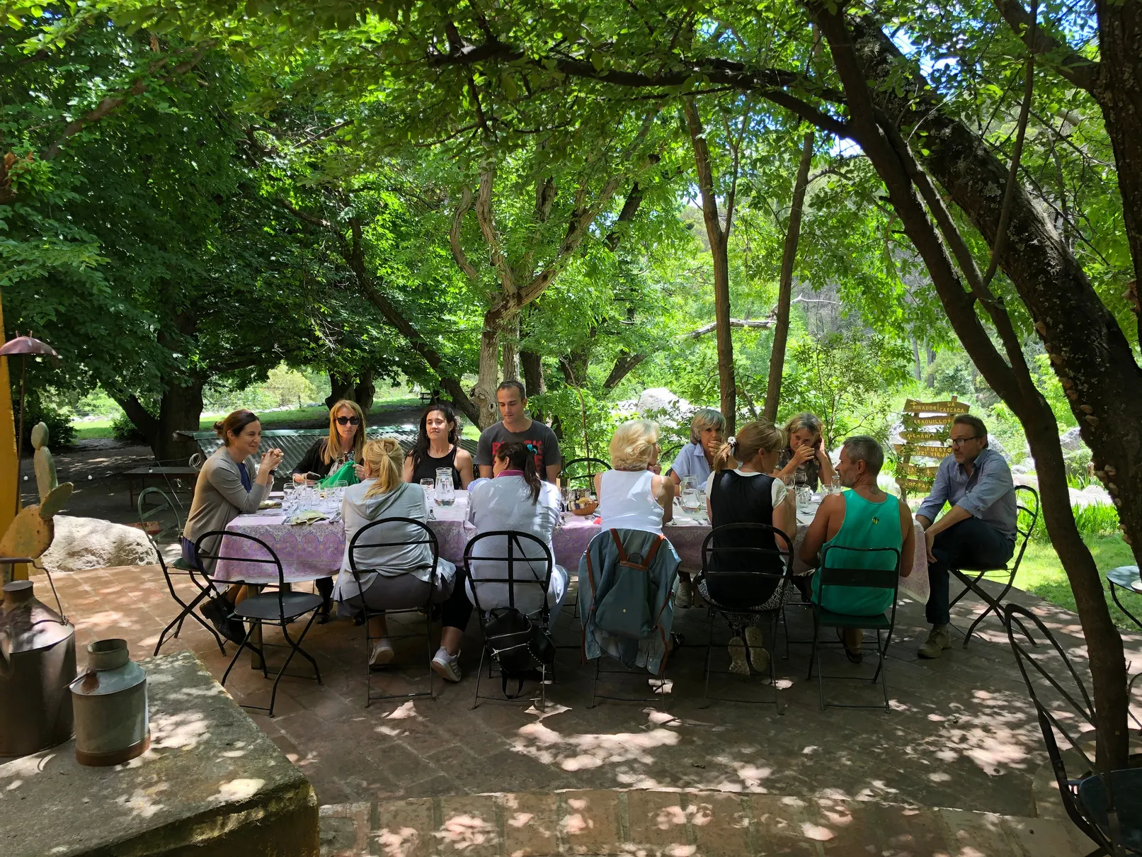 Una docena de personas almorzando en una mesa larga puesta a la sombra de los árboles, con el parque abierto detrás.